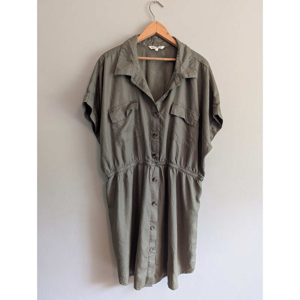 3XL Utility Shirt Dress Button Front Military Pocket Flaps Safari Olive Khaki